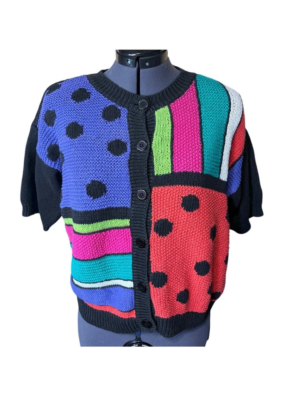 VTG Chaus Ramie Cotton Cardigan 80s Color Block Polka Dot Sweater Statement Knit